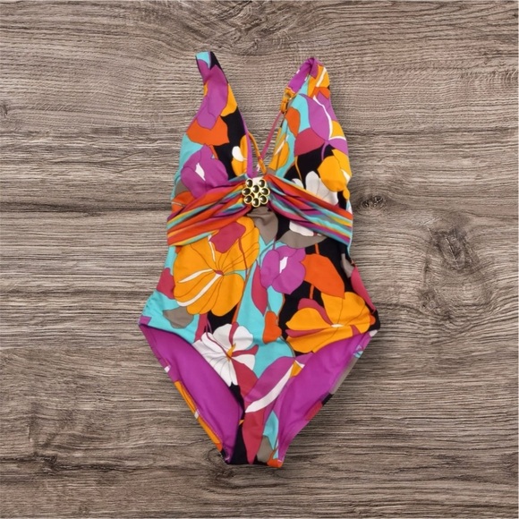 TRINA TURK Gemini Halter Plunge Top One Piece Swimsuit Multicolor Size 10 - Picture 1 of 16